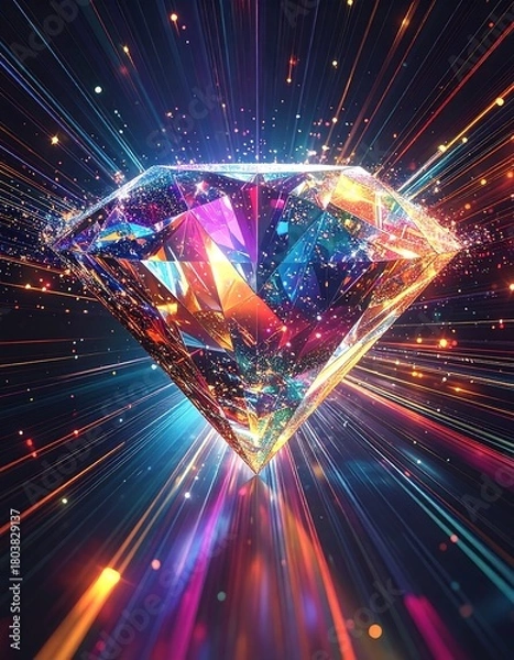 Fototapeta A large diamond, radiating light, with streaks of vibrant color emanating from its crystalline facets. The background is a dark void