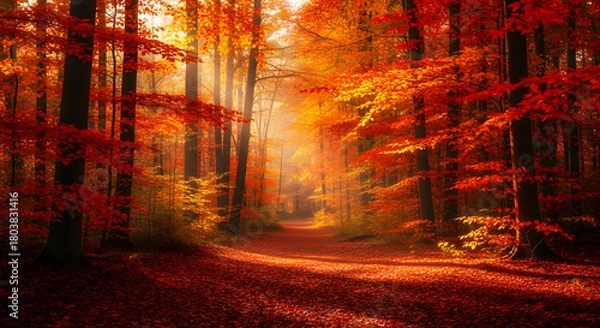Fototapeta Enchanting Autumn Forest Path Bathed in Golden Sunlight.