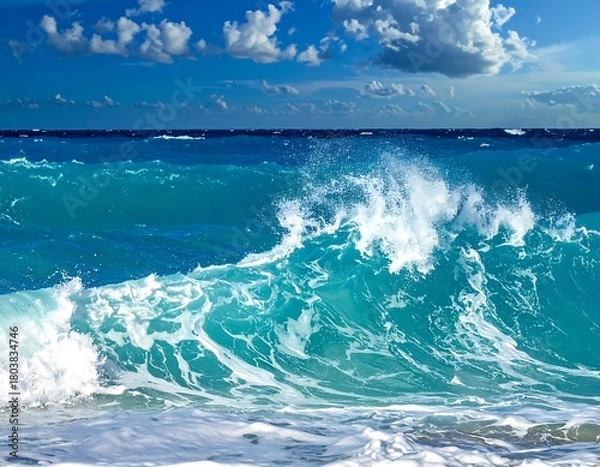 Fototapeta A large turquoise ocean wave crests, crashing towards the shore. The sky is bright blue with scattered white clouds