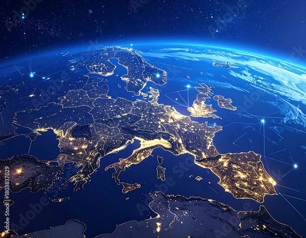 Obraz A luminous, nighttime view of Europe from space, highlighting city lights and connecting lines against a backdrop of stars and the atmosphere