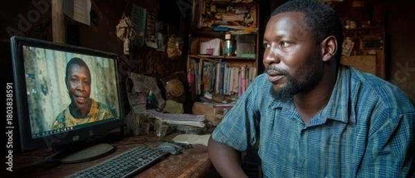 Fototapeta Man Using Computer for Video Communication in a Modest Home Workspace