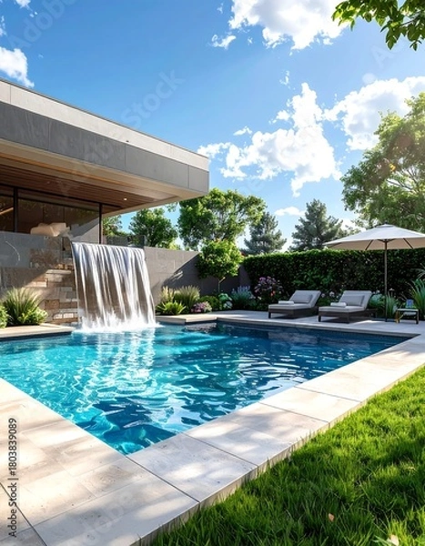 Obraz A luxurious outdoor space with a pool, waterfall feature, lounge chairs, and manicured landscaping under a blue sky