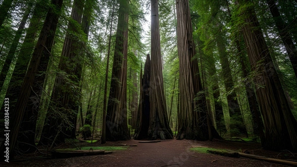 Fototapeta Towering redwood trees in a lush green forestTowering redwood trees in a lush green forest