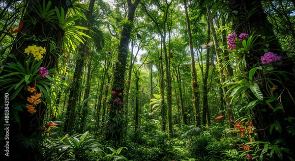Fototapeta Lush tropical forest scene with vibrant orchids and dense foliage in a sun dappled environment ai generated