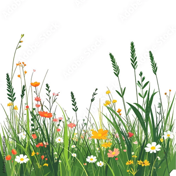 Fototapeta Vibrant Meadow Scene with Orange Yellow Pink Flowers and Lush Green Grass Against a Clean White Background in Natural Lighting
