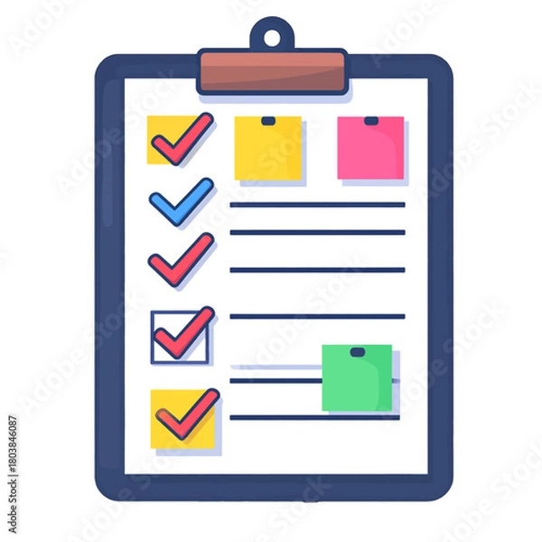 Fototapeta Clipboard with Checklist and Colorful Sticky Notes on White Background