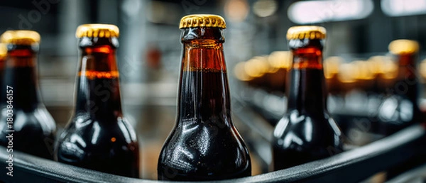 Fototapeta Bottles of dark beverage with golden caps arranged on a production line in a brewery
