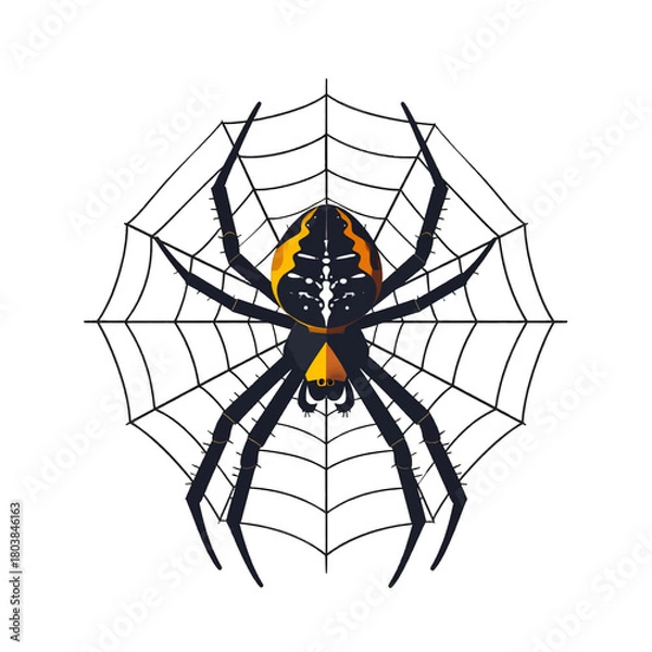 Fototapeta Dark Spider on Web with Yellow Markings and Black Legs on White Background