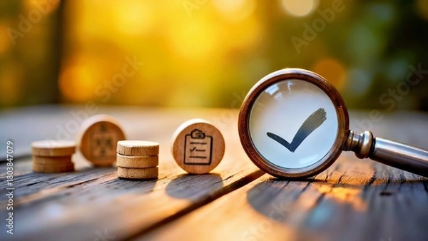 Fototapeta Sunlit Verification: Magnifying Glass Over Checkmark with Wooden Tokens