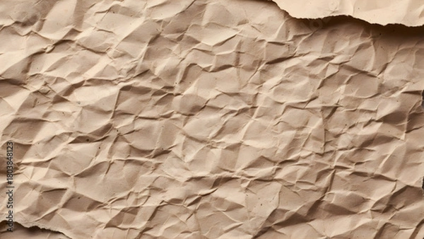 Fototapeta Close up of crumpled brown paper texture with rough edges and shadows