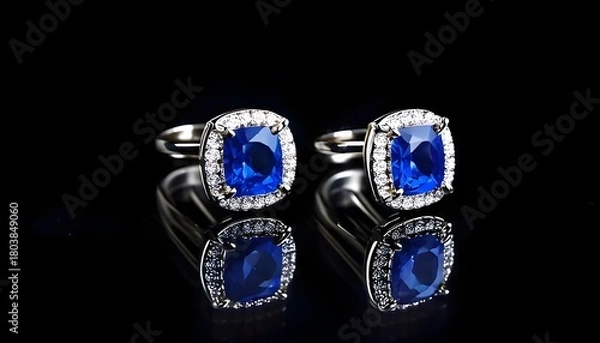 Fototapeta A pair of earrings with blue gems and small gems around them isolated on a black background