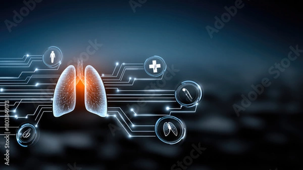 Fototapeta Futuristic digital lung illustration with glowing medical icons, technology, healthcare, innovation, and data concept