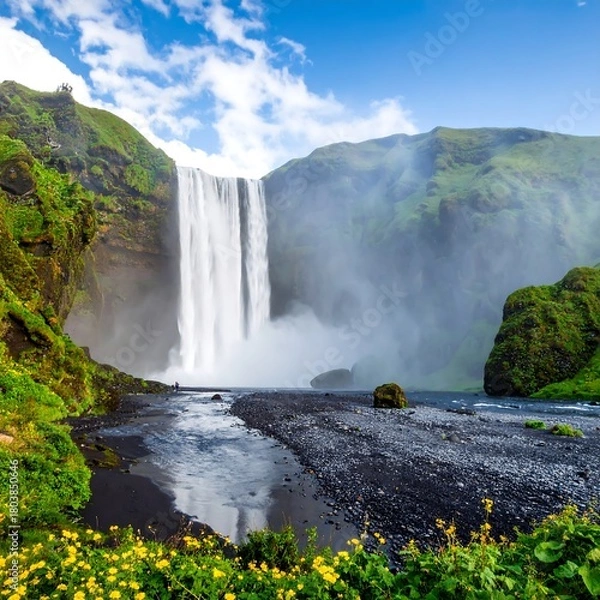 Fototapeta A majestic waterfall cascades down lush green cliffs, forming a misty cloud. Black sand borders a flowing river under a blue sky