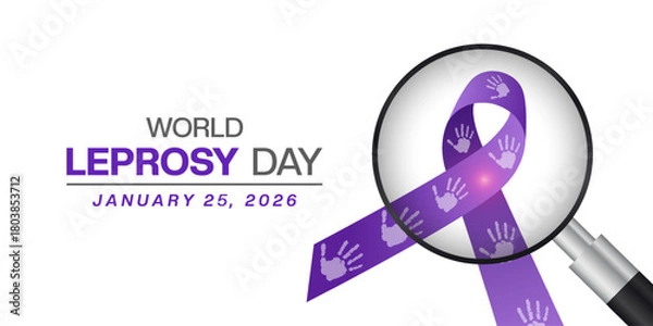 Fototapeta January 25 is World Leprosy Day. Ribbon, hand, light and magnifying glass. Suitable for posters, banners and social media. White background.