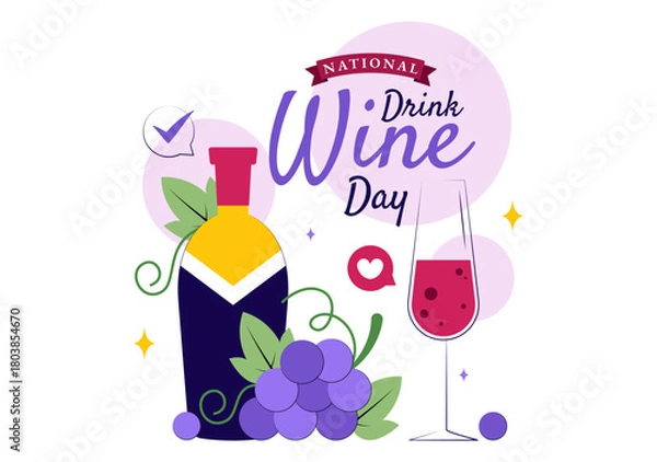 Obraz National Drink Wine Day Vector Illustration on February 18 Featuring a Glass of Grapes and a Bottle in a Flat Cartoon Background Design