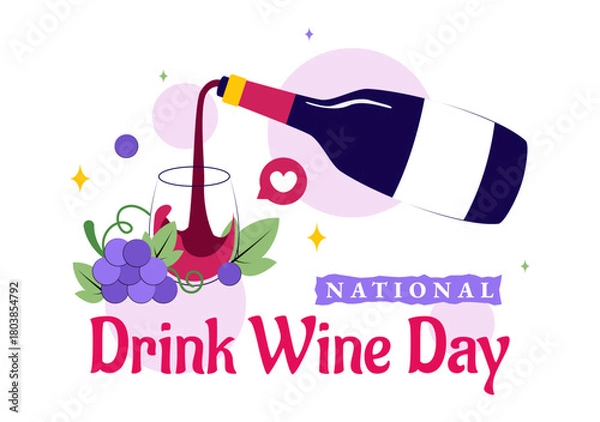 Fototapeta National Drink Wine Day Vector Illustration on February 18 Featuring a Glass of Grapes and a Bottle in a Flat Cartoon Background Design