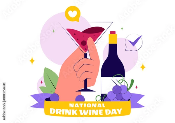 Obraz National Drink Wine Day Vector Illustration on February 18 Featuring a Glass of Grapes and a Bottle in a Flat Cartoon Background Design
