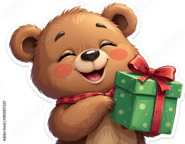 Obraz Smiling Bear with Green Present Uhd