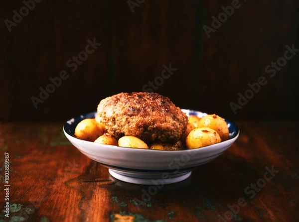 Fototapeta Fried meatballs with potatoes on a rustic background. Selective and soft focus.	