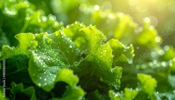 Fototapeta Fresh Green Lettuce with Water Droplets in Sunlight.