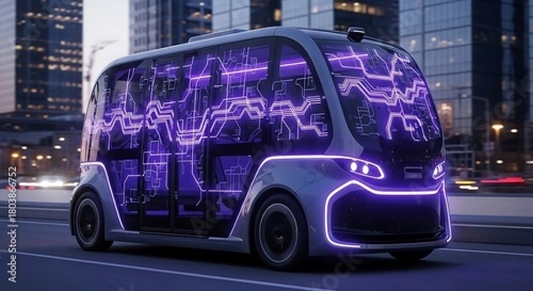 Fototapeta Futuristic Autonomous Bus with Circuit Board Interior Lights
