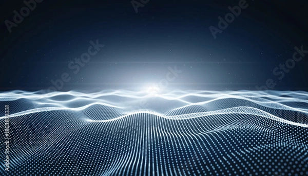 Fototapeta White Digital Waveform Landscape with Bright Light Source on Horizon abstract background