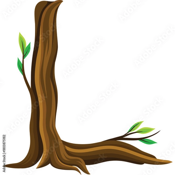 Fototapeta Stylized Tree Trunk Letter L Formed From Brown Bark With Green Leaves And Branches On A White Transparent Background
