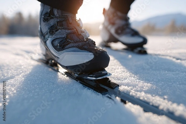 Fototapeta Close-up of ski boots firmly attached to cross-country skis in snow