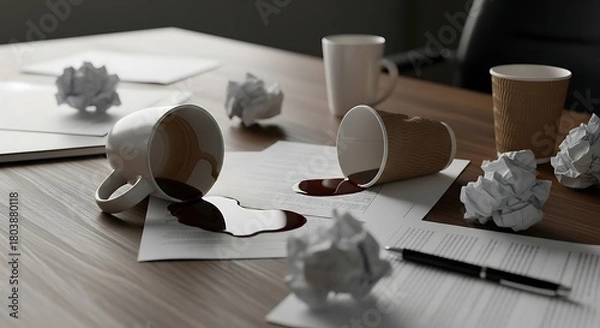Fototapeta Frustration and Overwork: Spilled Coffee on Documents Symbolizing Stress and Burnout in the Workplace. Perfect for articles on work-life balance and mental health.