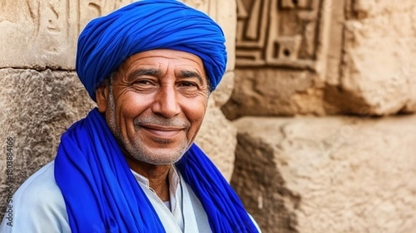 Obraz Middle Eastern Man in Traditional Attire Smiling in Front of Ancient Egyptian Stone Carving Architecture