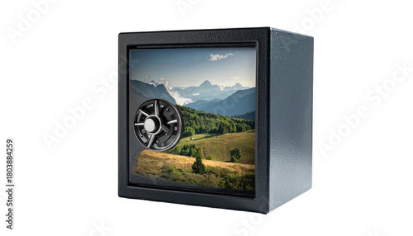 Obraz Metal safe box with mountain landscape scene