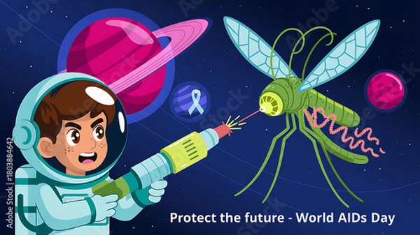 Fototapeta Astronaut battles disease in space for world aids day awareness