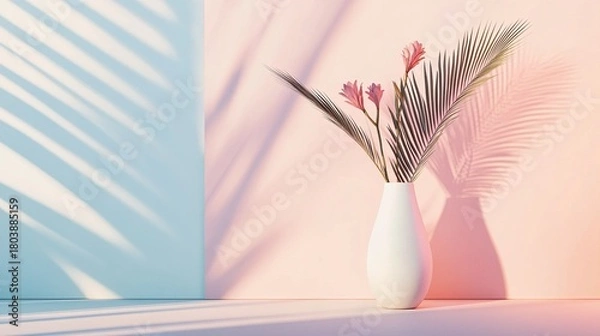 Obraz White Vase with Plumeria Under Colorful Light and Shadow, Minimalist Design for Interior Decoration
