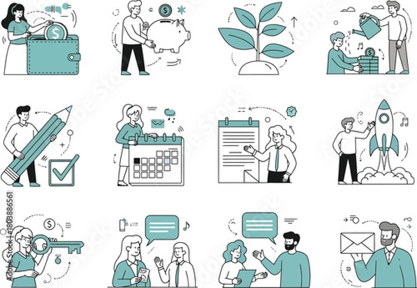 Obraz Set of twelve hand drawn illustrations depicting various scientific and research activities