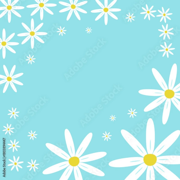 Fototapeta Blue background with white daisies and space for text