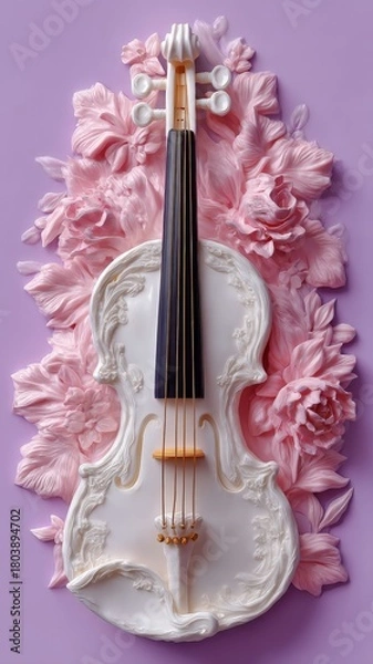 Fototapeta Realistic clay sculpture of a violin surrounded by delicate pink flowers on a pastel lavender background, showcasing intricate details