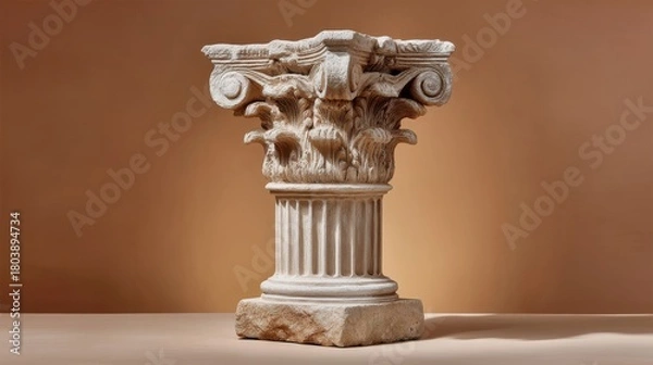 Fototapeta Realistic clay sculpture depicting an ancient Greek column with intricate designs set against a neutral background