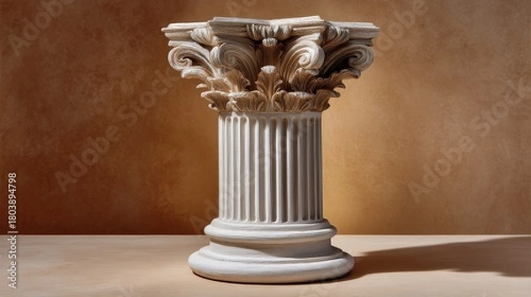 Fototapeta Realistic clay sculpture of an ancient Greek column with intricate details against a textured background