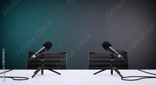 Fototapeta Podcast Interview Setup: Two Microphones on Desk – Copy Space