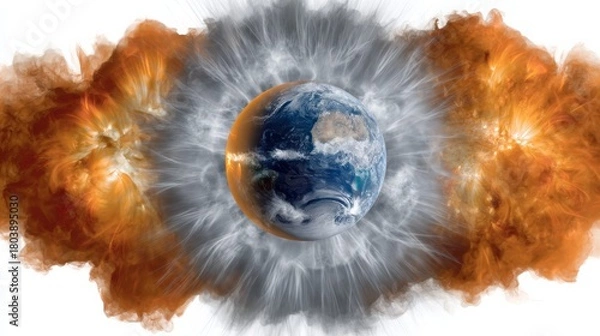 Fototapeta Realistic illustration of Earth surrounded by vibrant cosmic explosions and an ozone shield, showcasing a celestial scene