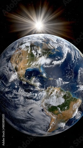 Obraz Realistic depiction of Earth viewed from space with a semi-transparent ozone dome, illuminated by sunlight from above