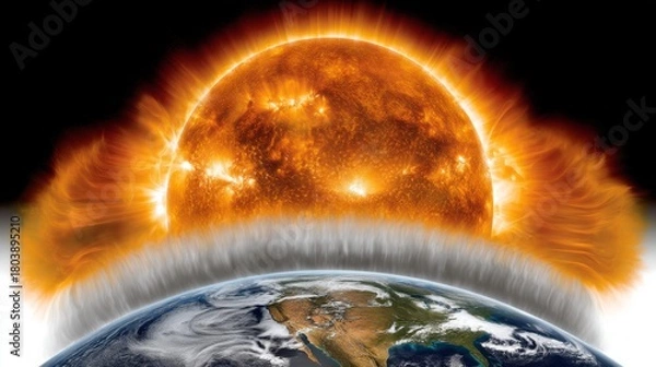 Fototapeta A realistic illustration of the Sun emerging from behind Earth, showcasing vibrant solar flares and an ozone shield over the planet
