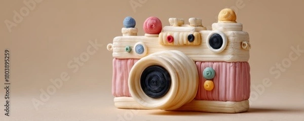 Fototapeta Realistic plasticine sculpture of a vintage camera displayed on a neutral background, showcasing colorful details and textures