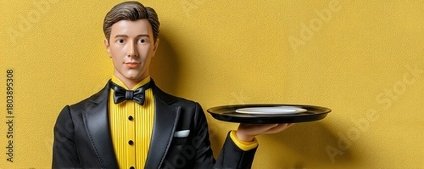 Fototapeta A realistic model of a plasticine waiter in a tuxedo with a black serving tray against a vibrant yellow background