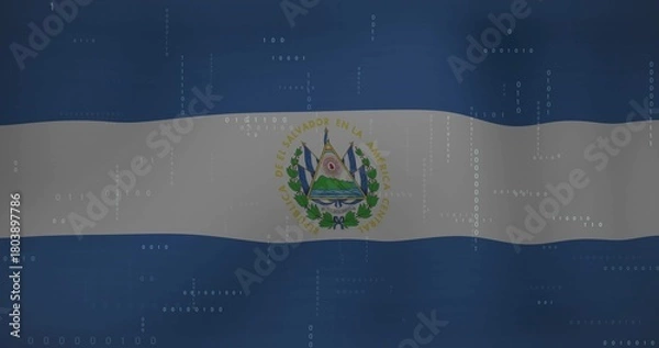 Fototapeta Showing national flag of El Salvador waving on digital banner, featuring emblem and binary overlays