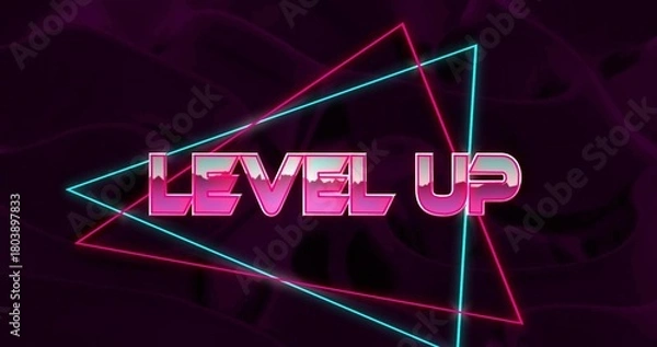 Fototapeta Glowing neon wordmark LEVEL UP dominating retro poster, showing cyan and magenta triangle outlines
