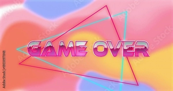 Obraz Displaying central 3D 'GAME OVER' text floating on pastel gradient backdrop, with neon triangles