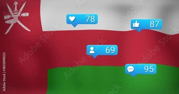 Fototapeta Displaying Oman flag rippling in studio, showing four blue bubbles heart78 likes87 user69 comment95