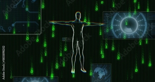 Fototapeta Standing glowing silhouette holding arms in T-pose on data grid, with falling binary and HUD panels