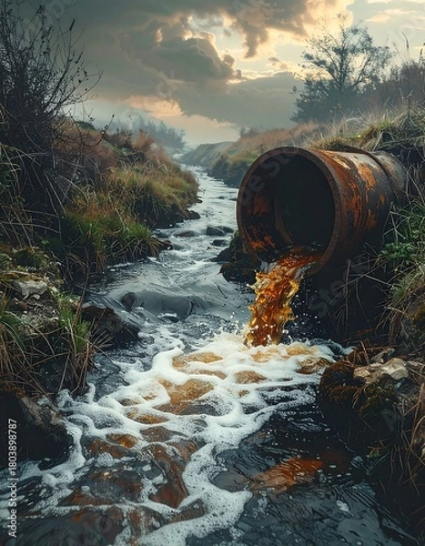 Fototapeta A rusty pipe spews brown liquid into a meandering stream surrounded by vegetation under a cloudy sky